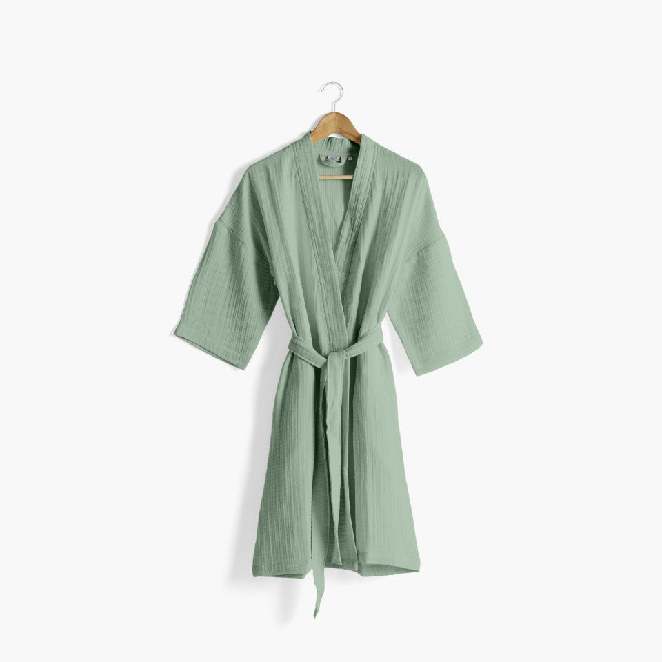Women's bathrobe in organic cotton gauze Natural eucalyptus