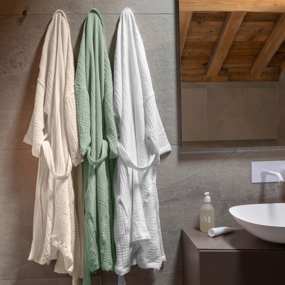 Women's bathrobe in organic cotton gauze Natural eucalyptus