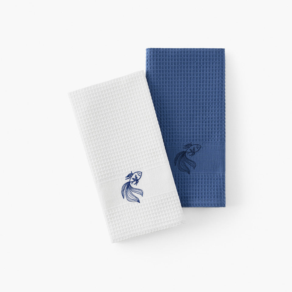 Halfmoon indigo honeycomb cotton tea towel