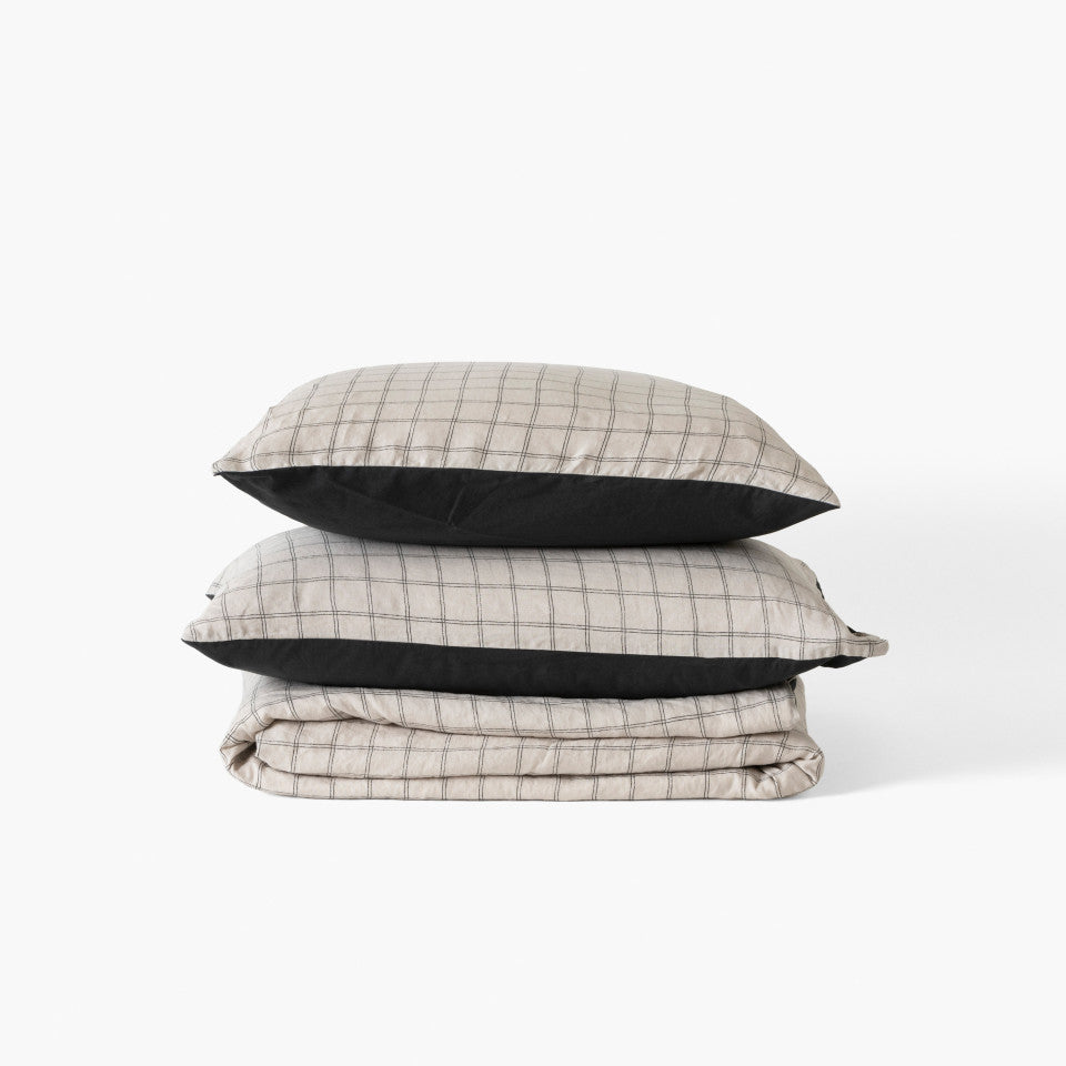 Washed linen and cotton duvet cover Songe charcoal tiles