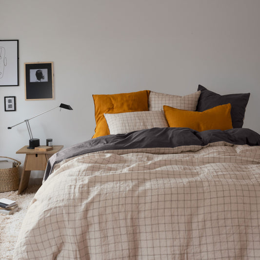 Washed linen and cotton duvet cover Songe charcoal tiles