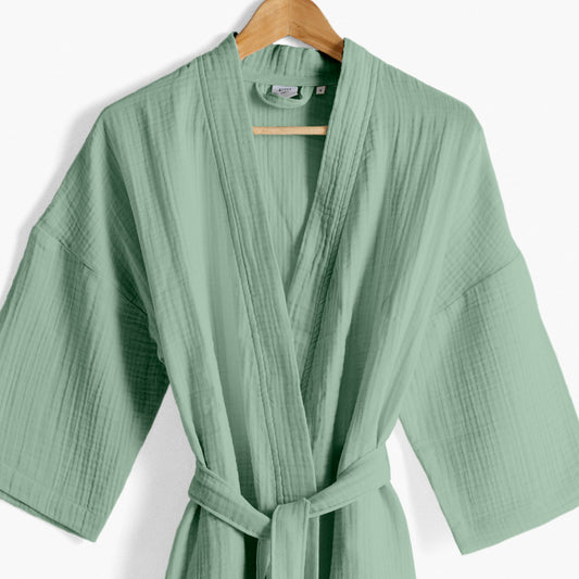 Women's bathrobe in organic cotton gauze Natural eucalyptus