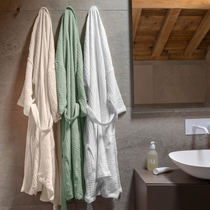 Women's bathrobe in organic cotton gauze Natural eucalyptus