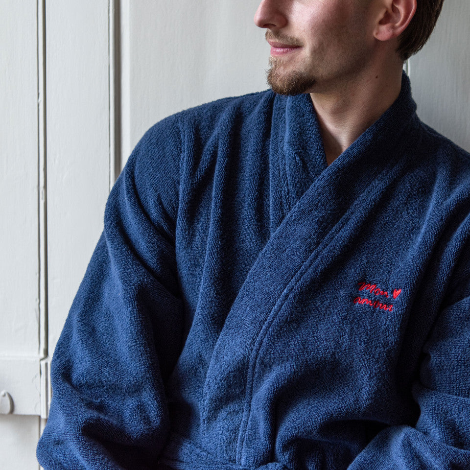 Men's cotton bathrobe with kimono collar Amours navy