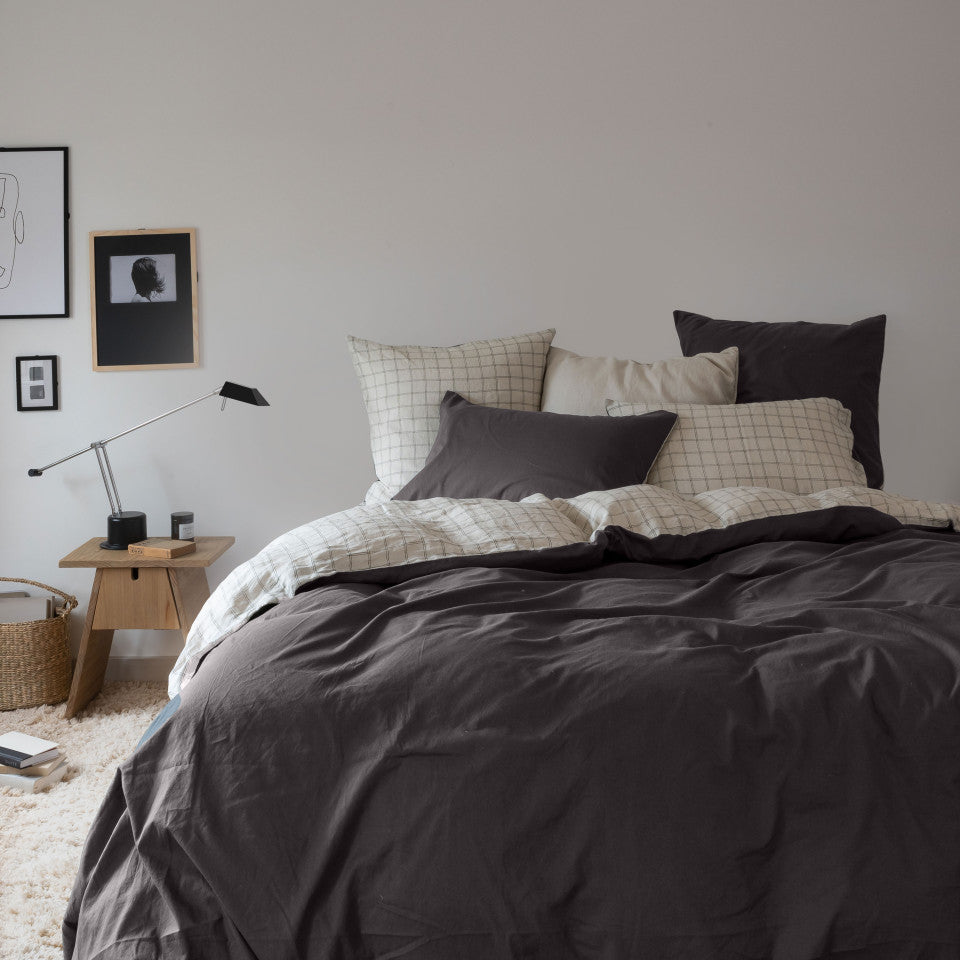 Washed linen and cotton duvet cover Songe charcoal tiles