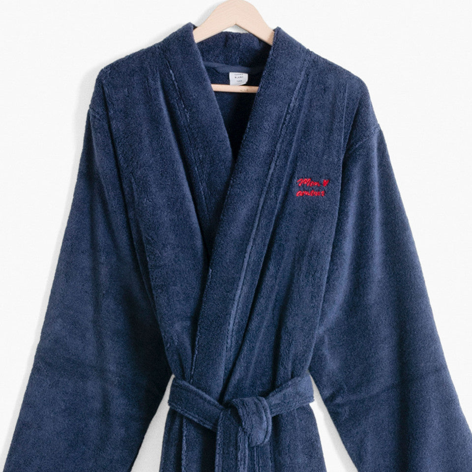 Men's cotton bathrobe with kimono collar Amours navy