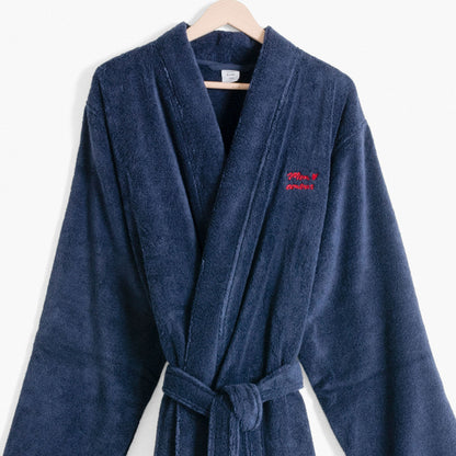 Men's cotton bathrobe with kimono collar Amours navy