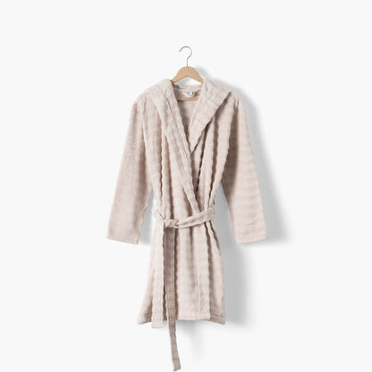 Women's hooded bathrobe in soft beige cotton, Aura