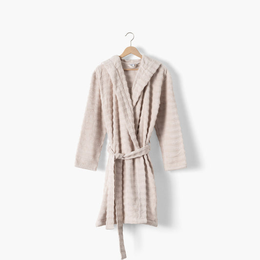 Women's hooded bathrobe in soft beige cotton, Aura