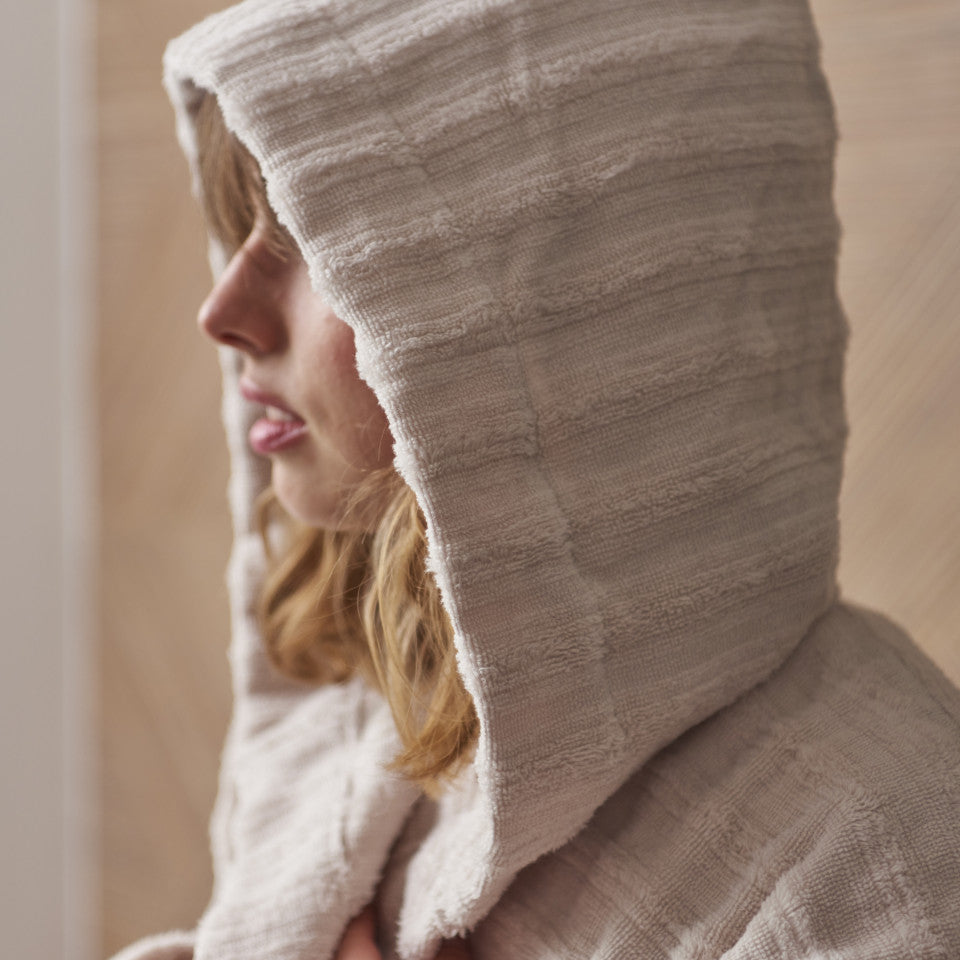 Women's hooded bathrobe in soft beige cotton, Aura