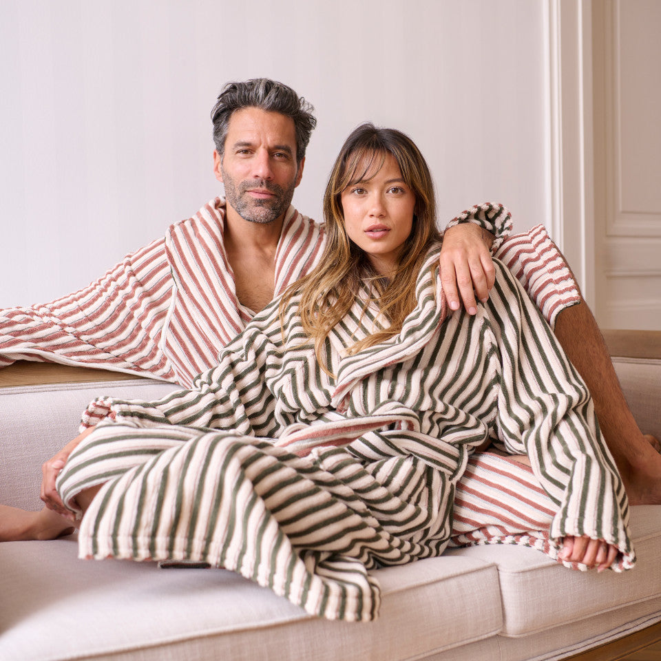 Reversible Combo unisex bathrobe with belt in khaki and bark